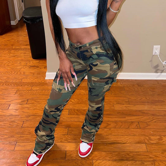 LADIES CAMO CARGO PANTS        GREEN        (SIZE  XS-XL)