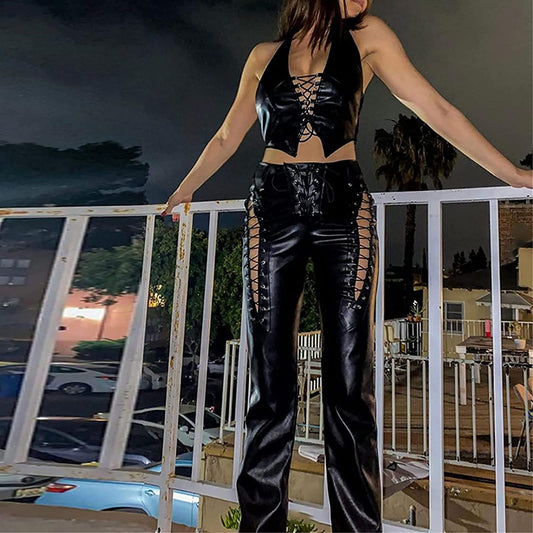 LADIES LACE UP PU LEATHER PANTS        BLACK / RED / PINK       (SIZE  S - 2XL)
