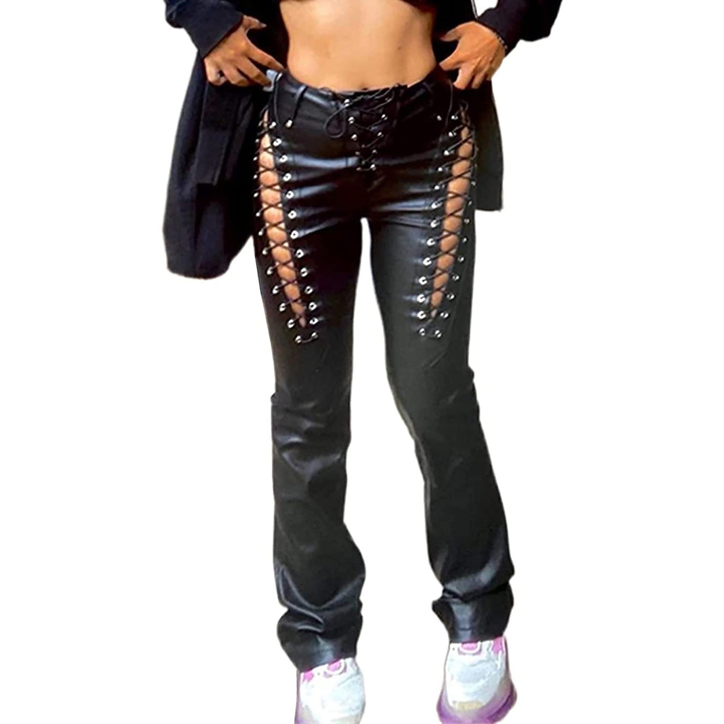 LADIES LACE UP PU LEATHER PANTS        BLACK / RED / PINK       (SIZE  S - 2XL)
