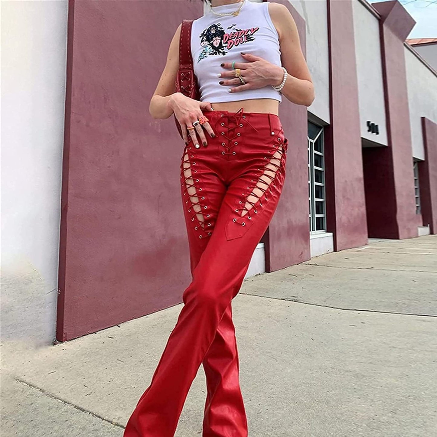LADIES LACE UP PU LEATHER PANTS        BLACK / RED / PINK       (SIZE  S - 2XL)