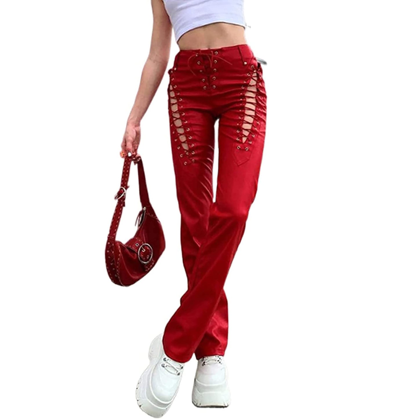 LADIES LACE UP PU LEATHER PANTS        BLACK / RED / PINK       (SIZE  S - 2XL)