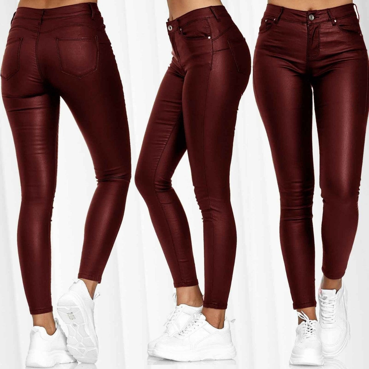 LADIES HIGH WAIST PU LEATHER PANTS        RED / BLACK / BLUE        (SIZE  S - 3XL)