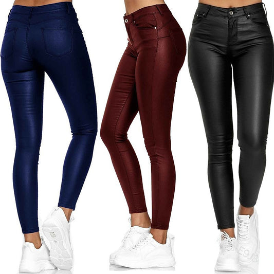 LADIES HIGH WAIST PU LEATHER PANTS        RED / BLACK / BLUE        (SIZE  S - 3XL)