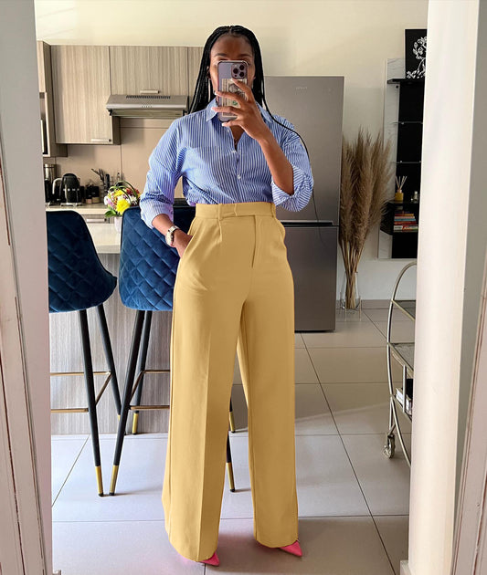 LADIES HIGH WAIST STRAIGHT LEG WIDE LEG PANTS        YELLOW        (SIZE  S - 2XL)