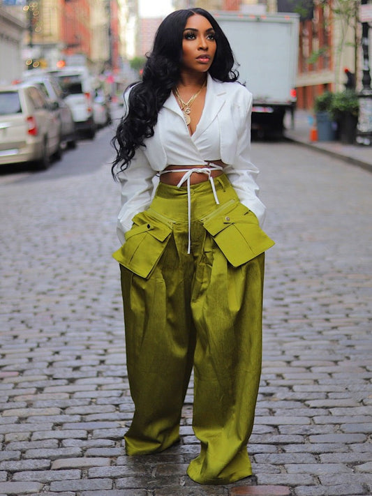 LADIES WIDE LEG PANTS        GREEN / BLACK / PINK        (SIZE  S - 2XL)