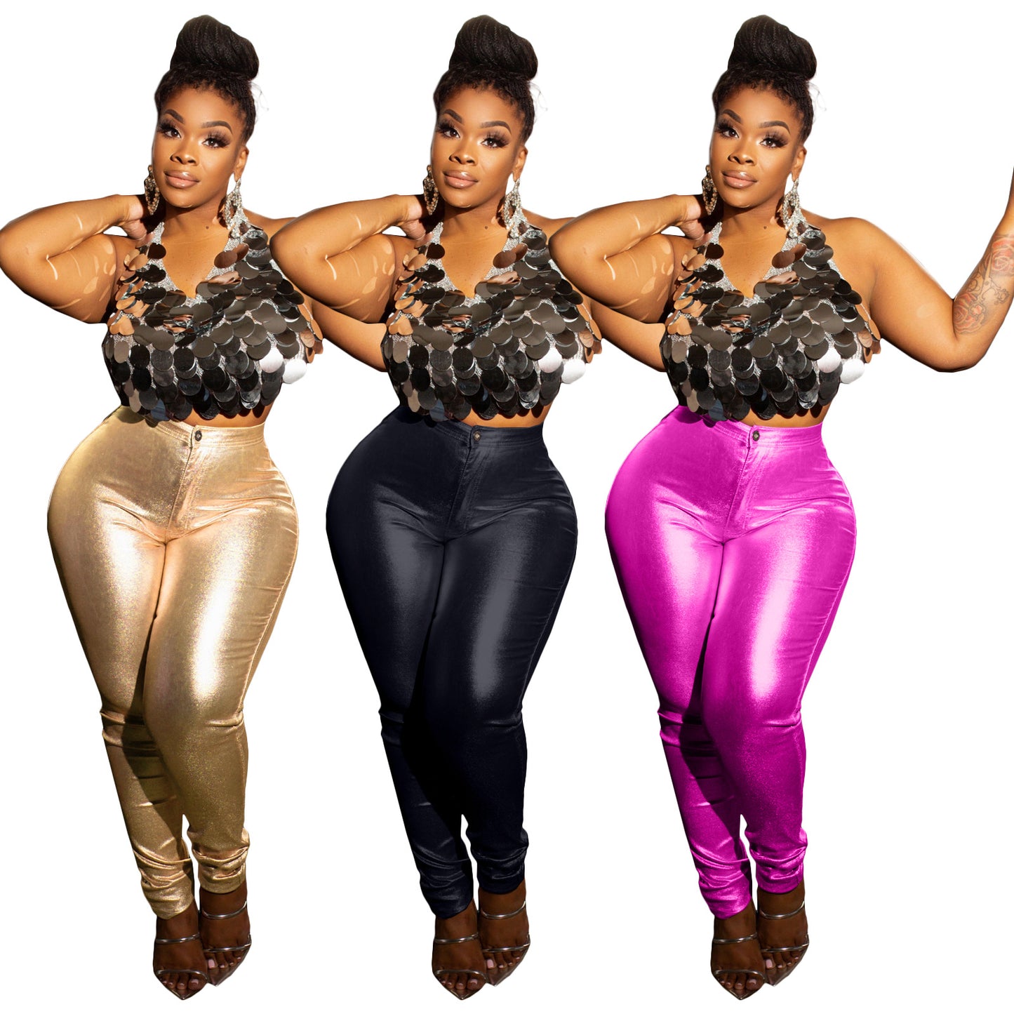 LADIES METALLIC PANTS        GOLD / PINK / BLACK        (SIZE  S - 2XL)
