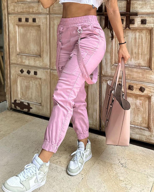 LADIES OVERALLS CARGO PANTS        PINK / BLACK        (SIZE  S - 2XL)
