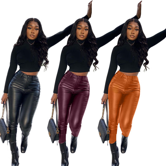 LADIES STRETCH LEG PU LEATHER PANTS        BLACK / ORANGE-BROWN / WINE RED        (SIZE  S - 2XL)