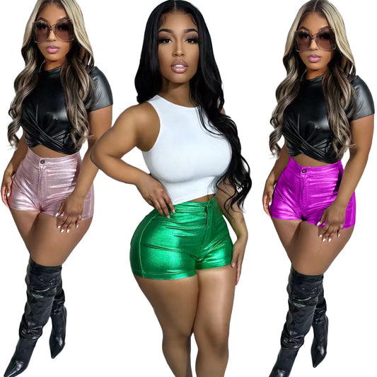 LADIES PU SHORTS (METALLIC)        PURPLE  / GREEN / PINK        (SIZE  S- 2XL)