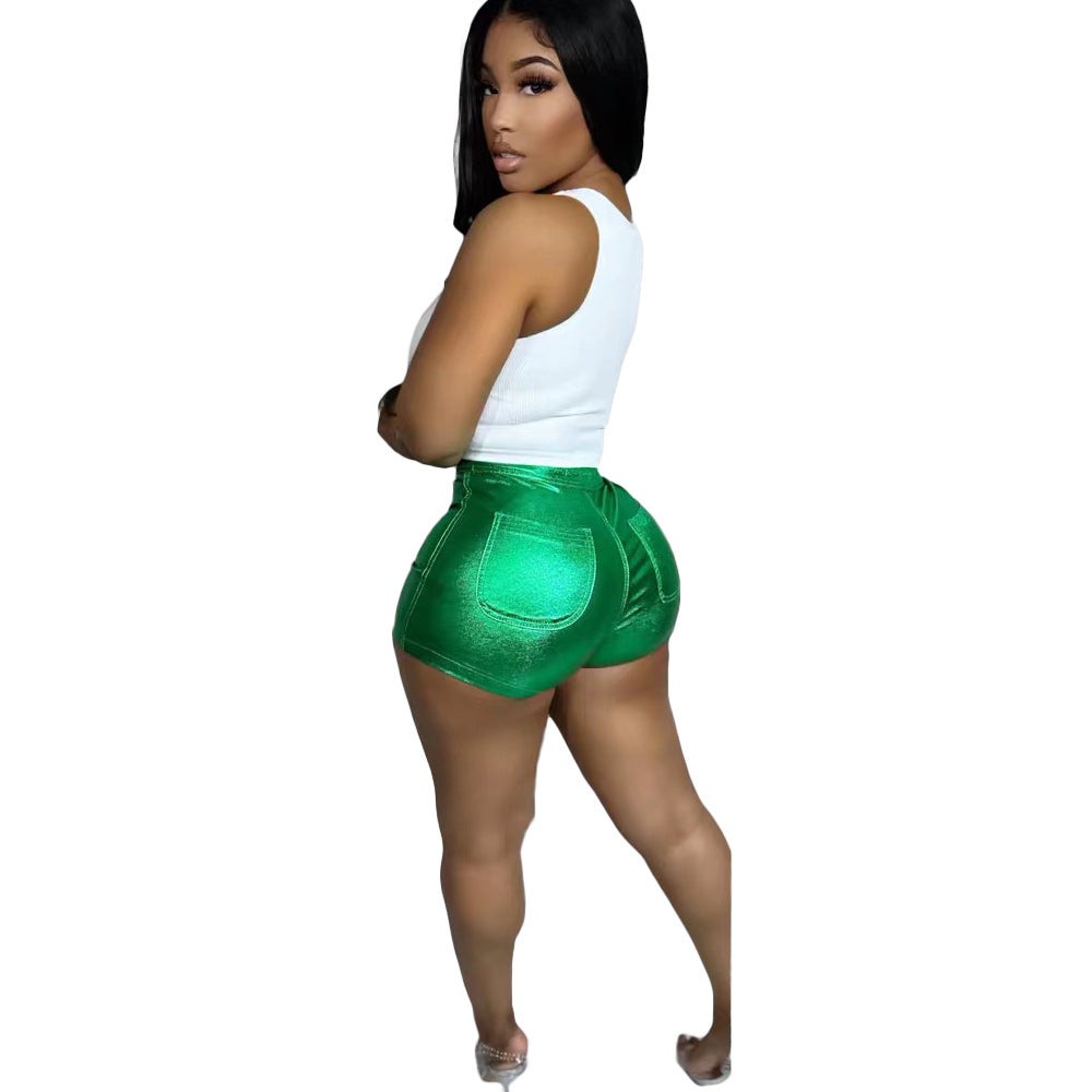 LADIES PU SHORTS (METALLIC)        PURPLE  / GREEN / PINK        (SIZE  S- 2XL)