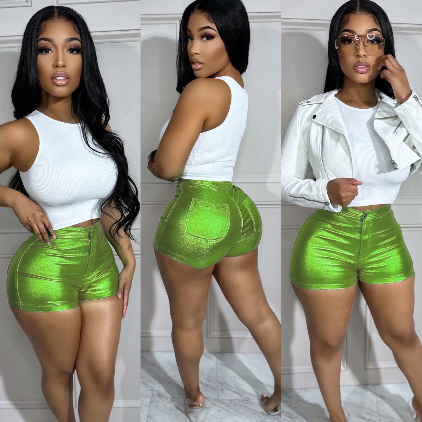 LADIES METALLIC SHORTS        10 COLOURS        (SIZE  S - XL)