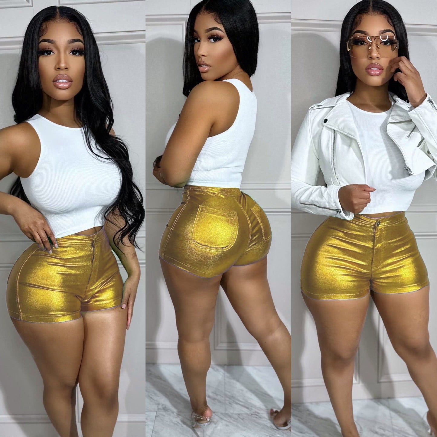 LADIES METALLIC SHORTS        10 COLOURS        (SIZE  S - XL)