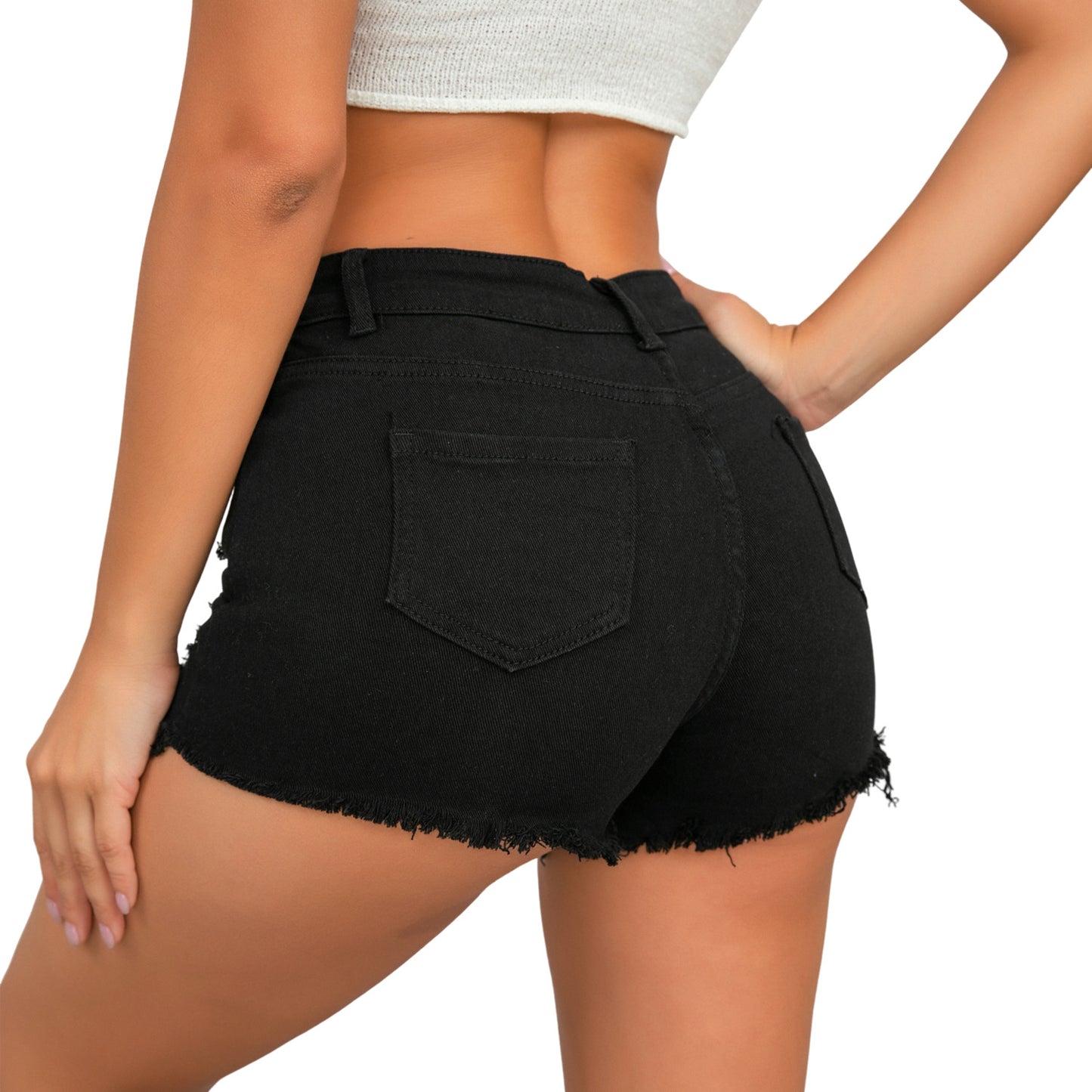 LADIES HIGH WAIST DENIM SHORTS        BLACK / WHITE / BLUE        (SIZE  S - 2XL)