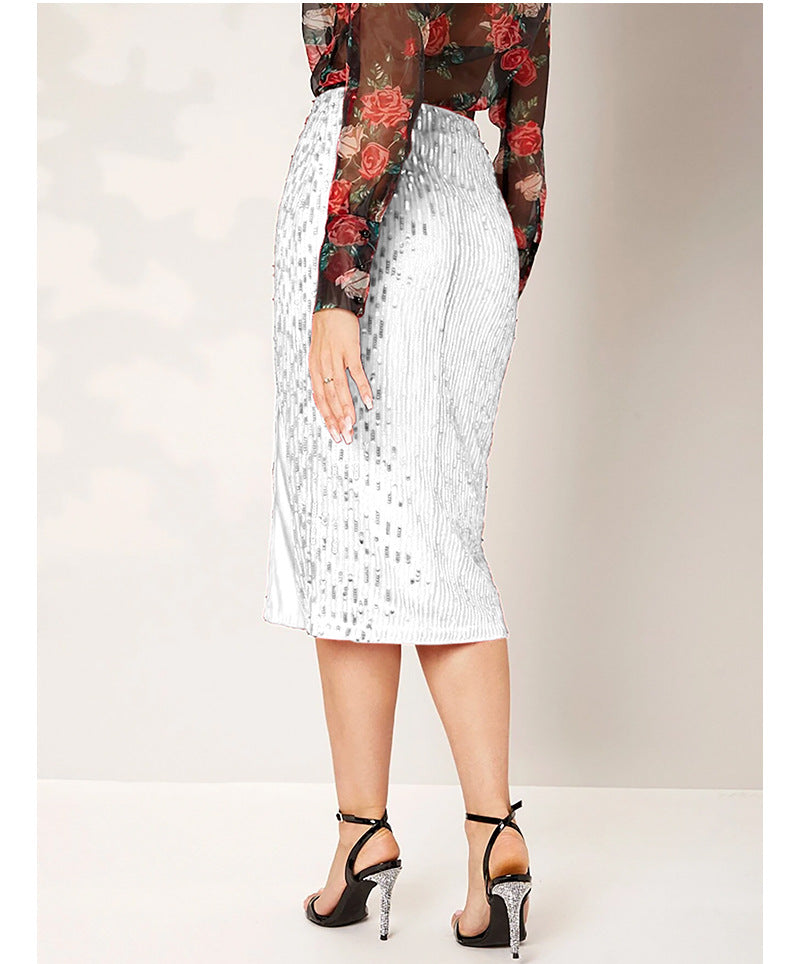 LADIES MID LENGTH SEQUINED SKIRT        14 COLOURS        (SIZE  S - 2XL)