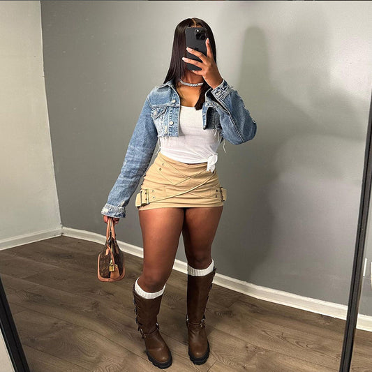 LADIES MINI SKIRT        KHAKI / BLACK        (SIZE  S - L)