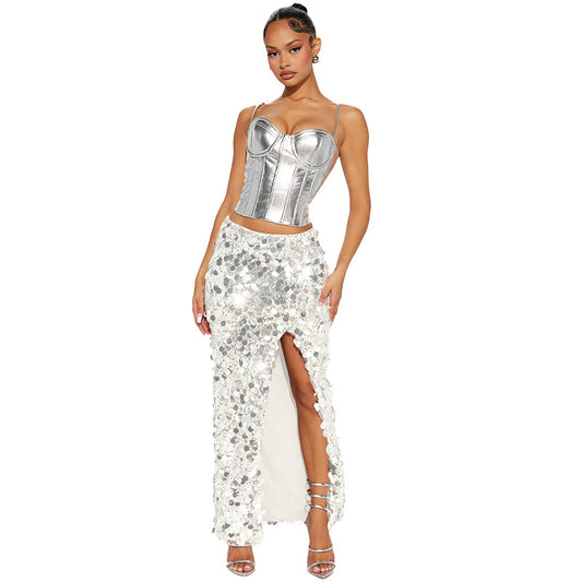 LADIES LONG SKIRT WITH SLIT        WHITE / BLACK / YELLOW GOLD / SILVER        (SIZE  S - 2XL)