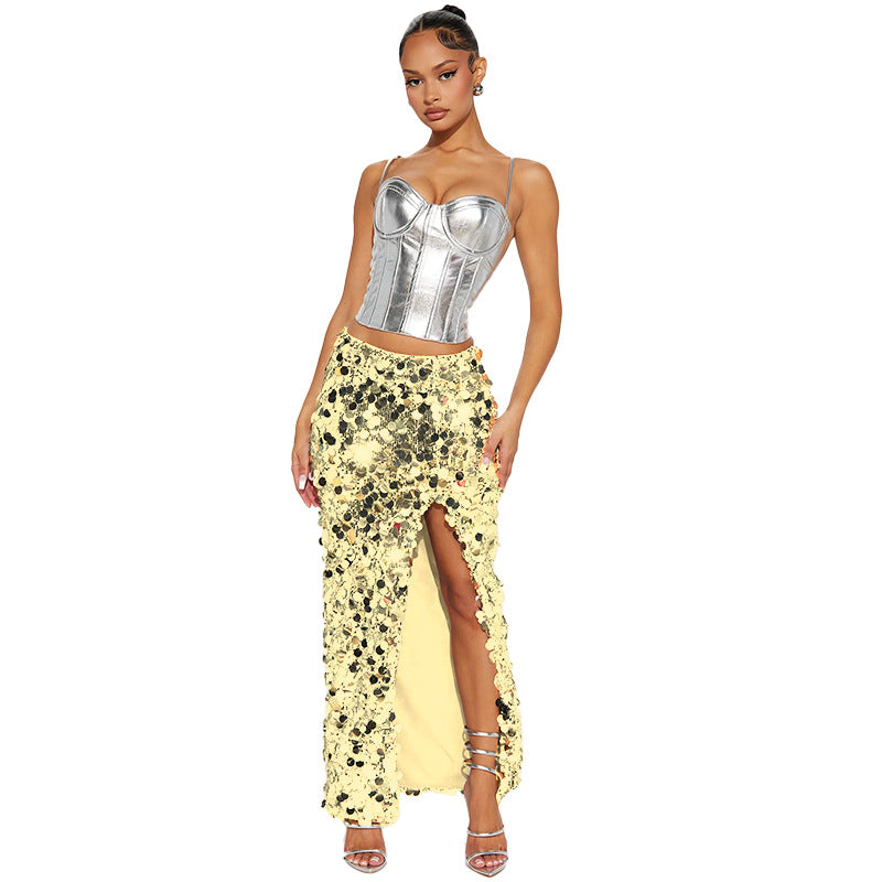 LADIES LONG SKIRT WITH SLIT        WHITE / BLACK / YELLOW GOLD / SILVER        (SIZE  S - 2XL)