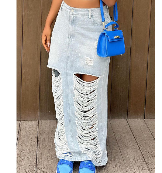 LADIES DISTRESSED DENIM SKIRT         LIGHT BLUE DENIM         (SIZE  S - 2XL)