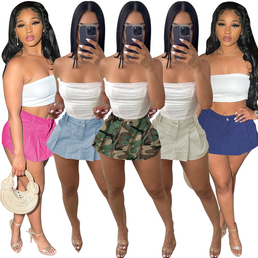LADIES SEXY PLEATED SKIRT SHORTS SKORTS        BLUE / LIGHT BLUE / PINK / BEIGE / CAMO         (SIZE  S - 2XL)