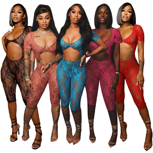 LADIES SHORT SLEEVE LACE JUMPSUIT        BLACK / RED / PINK / BRIGHT PINK / BLUE        (SIZE  S - 2XL)
