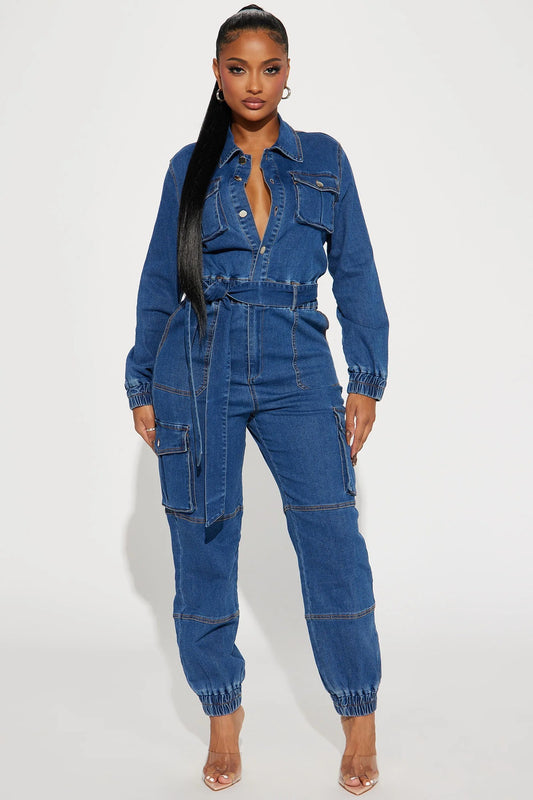 LADIES DENIM JUMPSUIT         BLUE DENIM        (SIZE  S - 2XL)