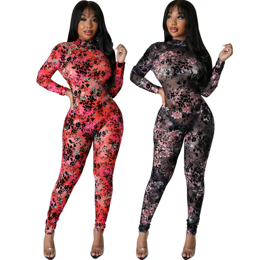 LADIES LONG SLEEVE MESH JUMPSUIT         RED / BLACK          (SIZE  S - 2XL)