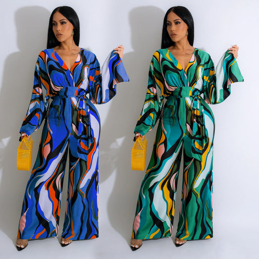 LADIES PRINTED LONG SLEEVE JUMPSUIT         BLUE / GREEN         (SIZE  S - 2XL)