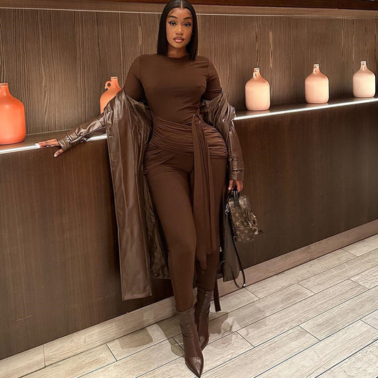 LADIES LONG SLEEVE JUMPSUIT        DARK BROWN / BLACK        (SIZE  S - L)