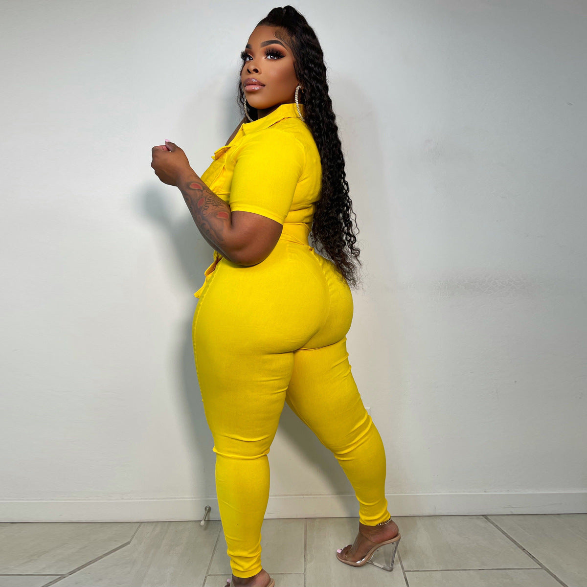 LADIES PLUS SIZE  SHORT SLEEVE JUMPSUIT        YELLOW / PINK / GREEN           (SIZE  XL - 5XL)