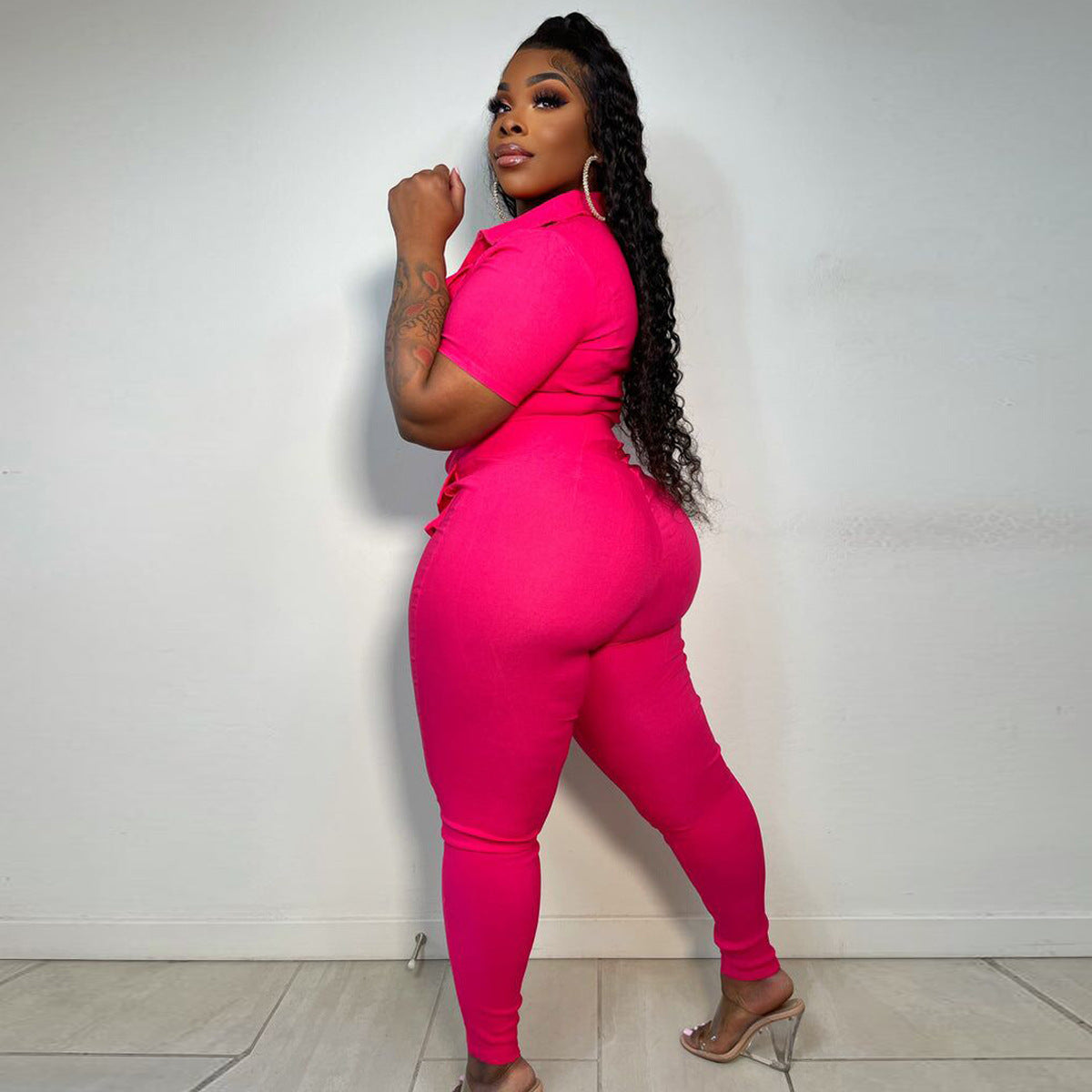 LADIES PLUS SIZE  SHORT SLEEVE JUMPSUIT        YELLOW / PINK / GREEN           (SIZE  XL - 5XL)
