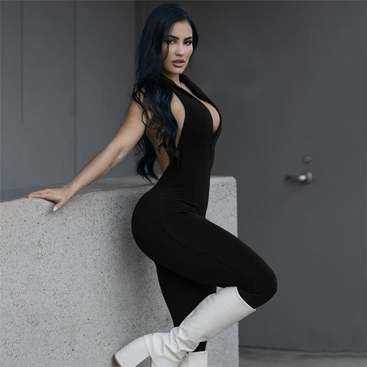 LADIES HALTERNECK JUMPSUIT        BLACK / BROWN        (SIZE  S - L)