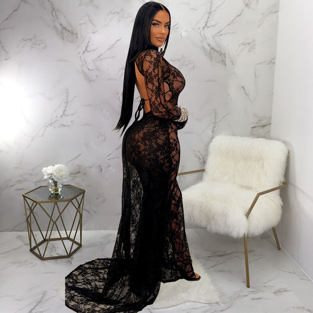 LADIES SEE THROUGH LACE LOW BACK JUMPSUIT         BLACK / RED / WHITE        (SIZE  S - 2XL)