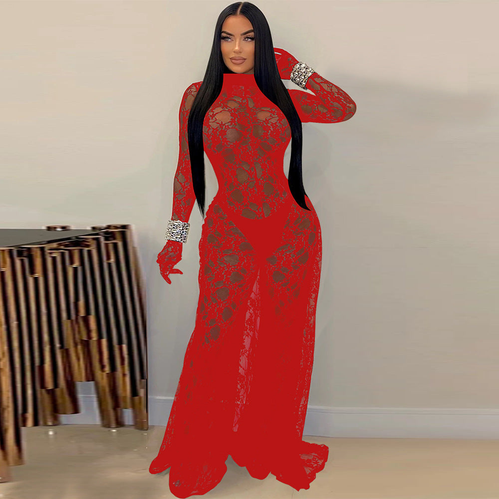 LADIES SEE THROUGH LACE LOW BACK JUMPSUIT         BLACK / RED / WHITE        (SIZE  S - 2XL)