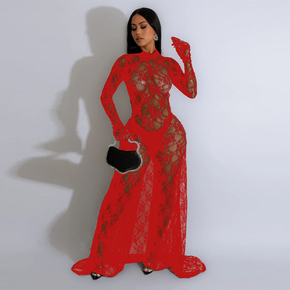 LADIES SEE THROUGH LACE LOW BACK JUMPSUIT         BLACK / RED / WHITE        (SIZE  S - 2XL)