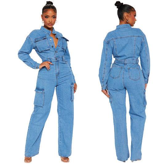 LADIES LONG SLEEVE CARGO JUMPSUIT        BLUE DENIM        (SIZE  S - 2XL)
