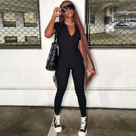LADIES SHORT SLEEVE JUMPSUIT            BLACK / GRAY          (SIZE  S - L)