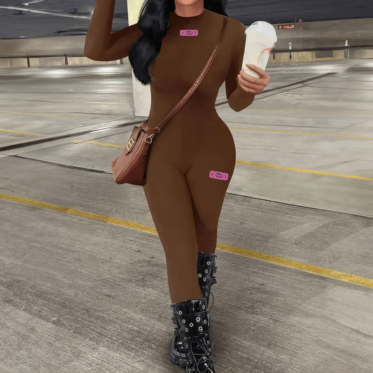 LADIES LONG SLEEVE JUMPSUIT          BROWN        (SIZE  XS - XL)