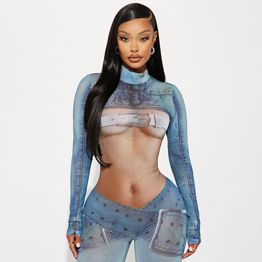 LADIES LONG SLEEVE PRINTED JUMPSUIT        BLUE        (SIZE  S - L)