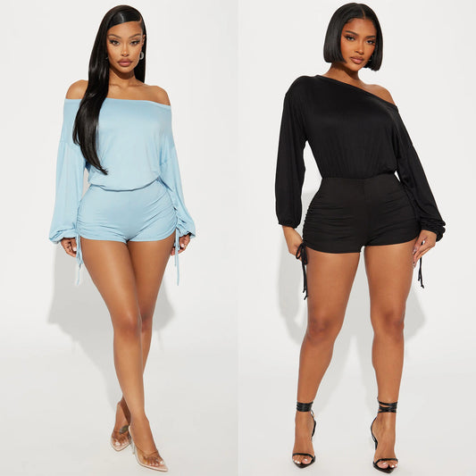 LADIES OFF THE SHOULDER LONG SLEEVE ROMPER / PLAYSUIT       BLUE / BLACK        (SIZE  S - 2XL)