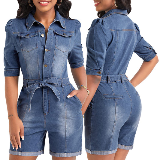 LADIES SHORT SLEEVE DENIM ROMPER / PLAYSUIT        BLUE DENIM        (SIZE  S - 2XL)
