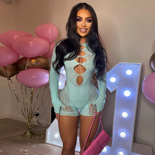 LADIES CUT OUT JUMPSUIT / ROMPER / PLAYSUIT        LIGHT BLUE / BLACK        (SIZE  S - L)