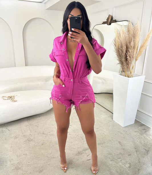 LADIES DENIM JUMPSUIT / ROMPER / PLAYSUIT         PINK / BROWN        (SIZE  S - L)