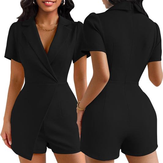 LADIES SHORT SLEEVE JUMPSUIT / ROMPER / PLAYSUIT        BLACK / OFF-WHITE        (SIZE  S - 2XL)