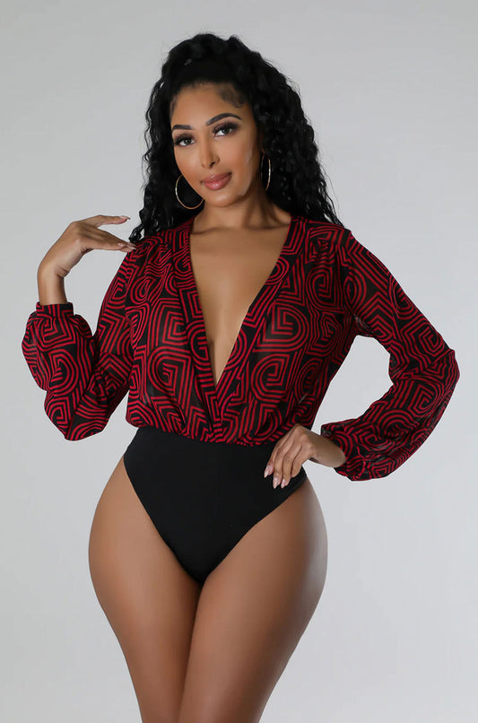 LADIES LONG SLEEVE BODYSUIT         RED / BROWN        (SIZE  S - 2XL)