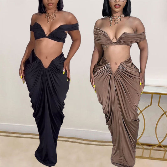 LADIES 2 PIECE CROP TOP AND SKIRT SET        BLACK / COFFEE / RED        (SIZE  S - 3XL)