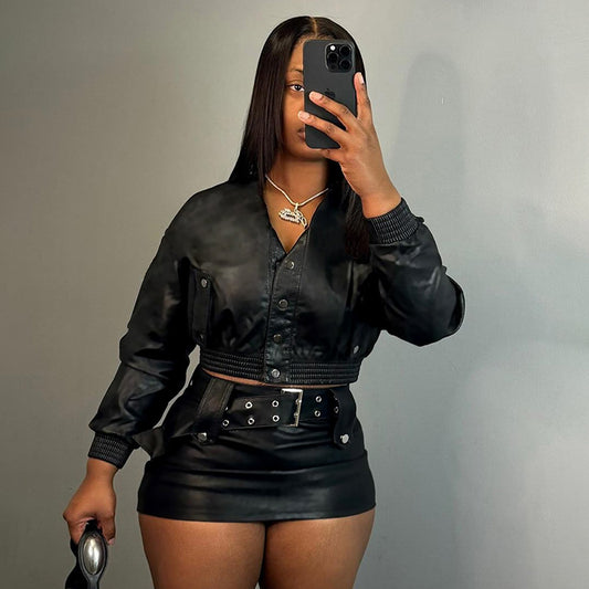 LADIES PU LEATHER SKIRT & TOP SET        BLACK        (SIZE  S - L)