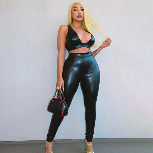LADIES PU LEATHER PANTS SET          BLACK         (SIZE  S - XL)