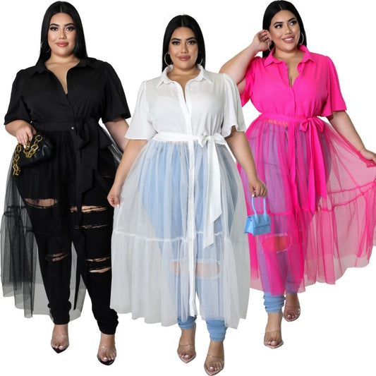 LADIES PLUS SIZE LONG BLOUSE WITH BELT        WHITE / PINK / BLACK          (SIZE  XL - 5XL)