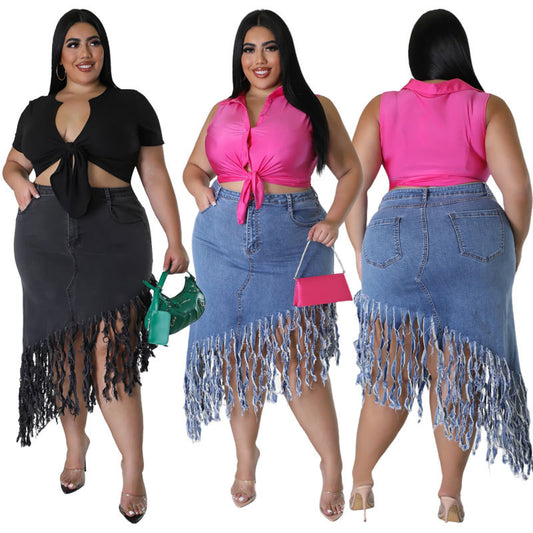 LADIES PLUS SIZE DENIM SKIRT          LIGHT BLUE / BLACK          (SIZE  XL - 5XL)