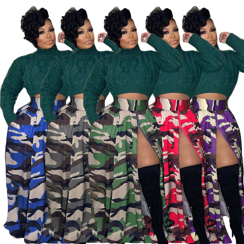 PLUS SIZE CAMO SKIRT WITH SLIT            GREEN / GRAY / PURPLE / BLUE / RED            (SIZE  L - 4XL)